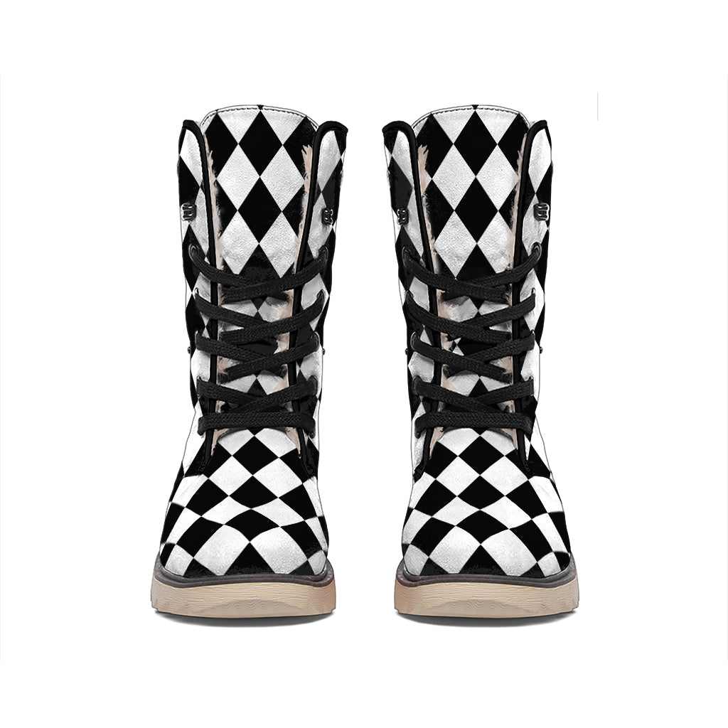 Black And White Harlequin Pattern Print Winter Boots
