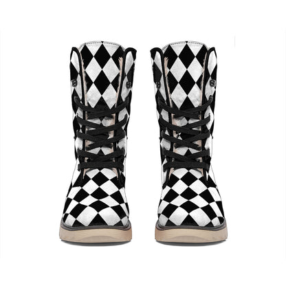 Black And White Harlequin Pattern Print Winter Boots