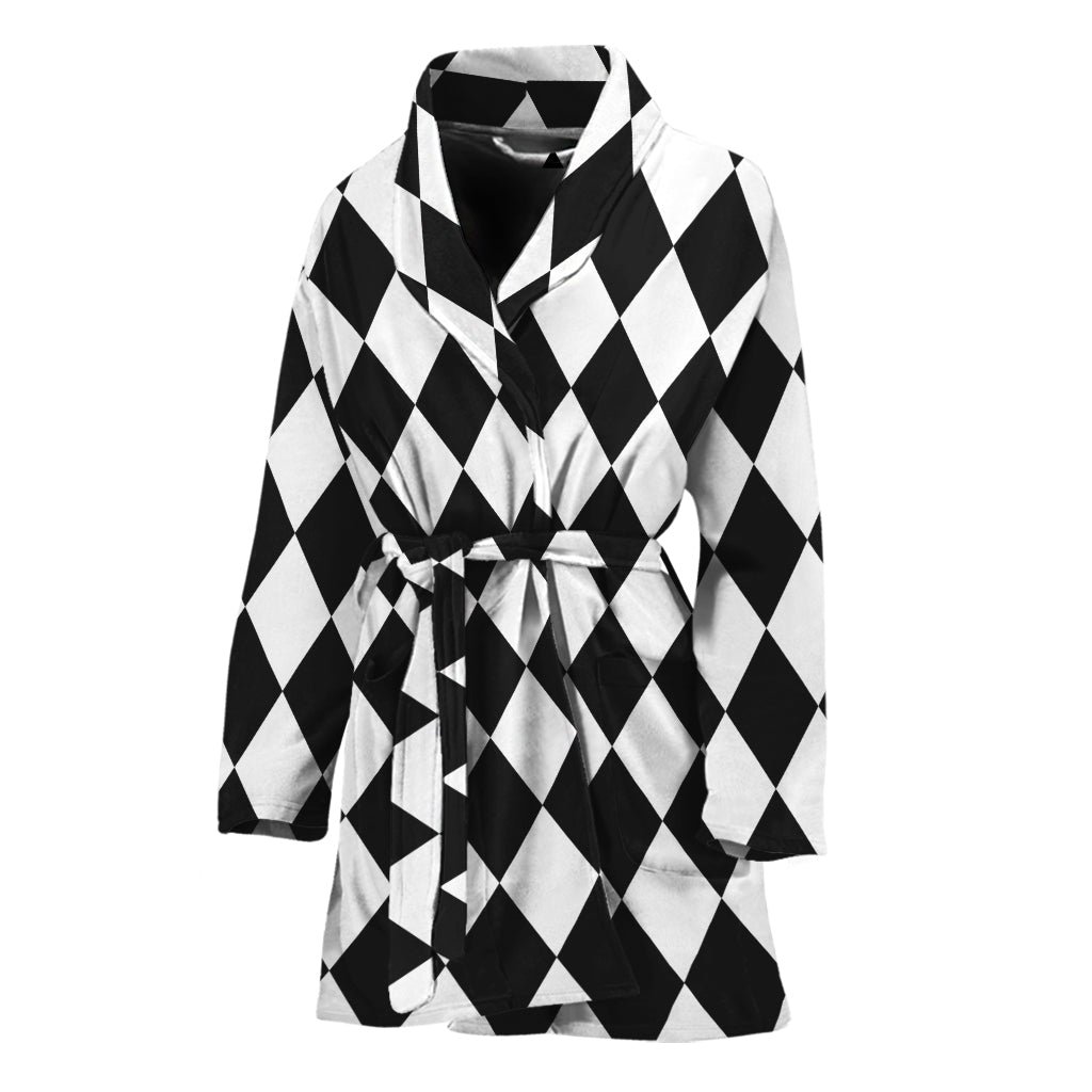 Black And White Harlequin Pattern Print Women's Bathrobe