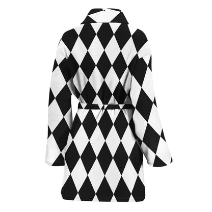 Black And White Harlequin Pattern Print Women's Bathrobe