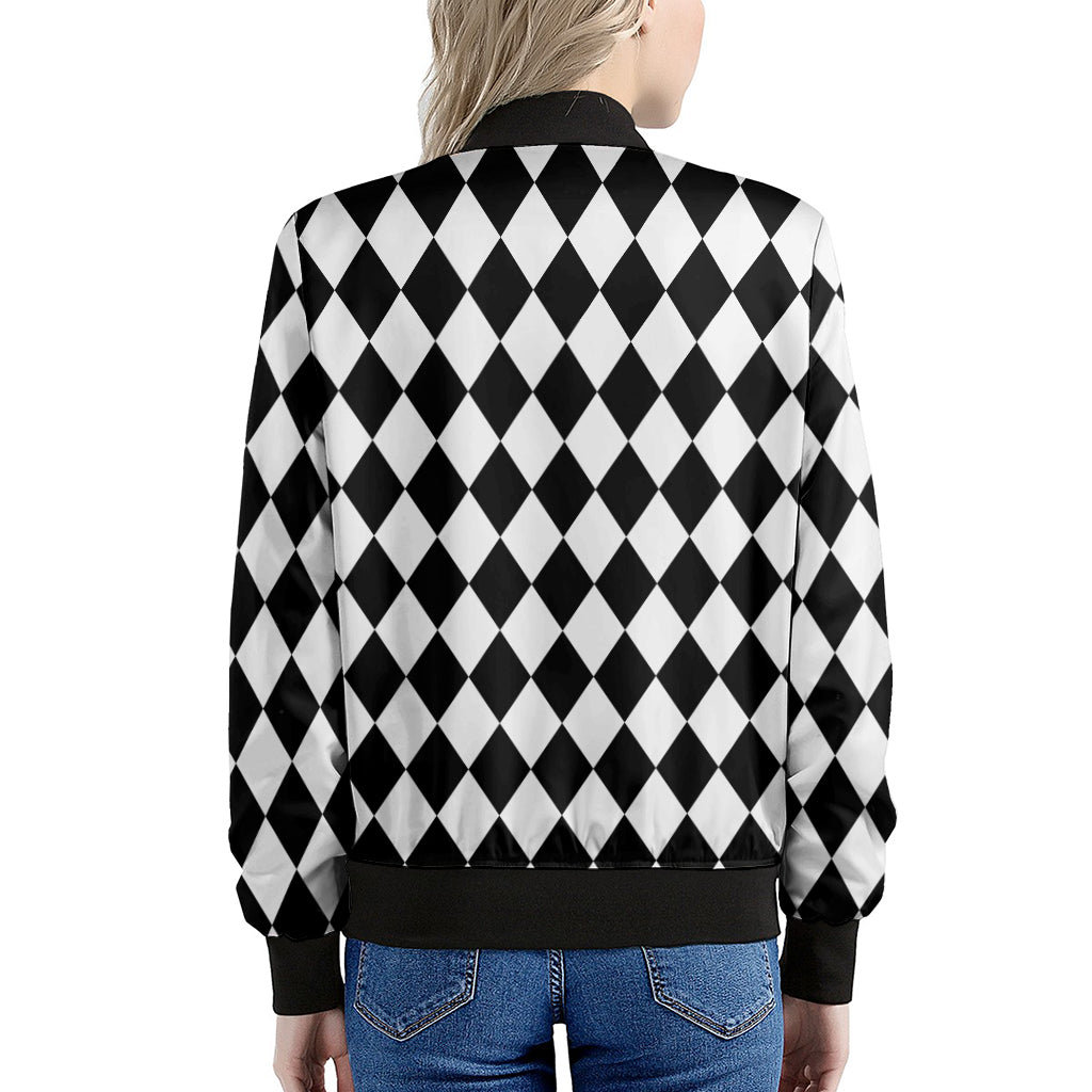Black And White Harlequin Pattern Print Women's Bomber Jacket