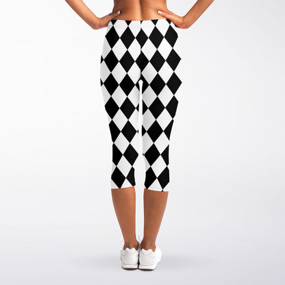 Black And White Harlequin Pattern Print Women's Capri Leggings