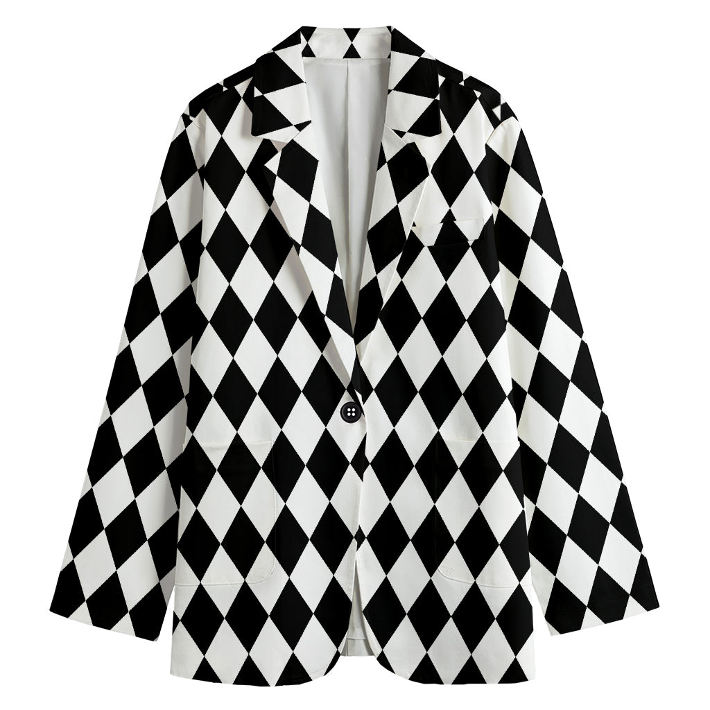 Black And White Harlequin Pattern Print Women's Cotton Blazer