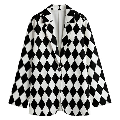 Black And White Harlequin Pattern Print Women's Cotton Blazer