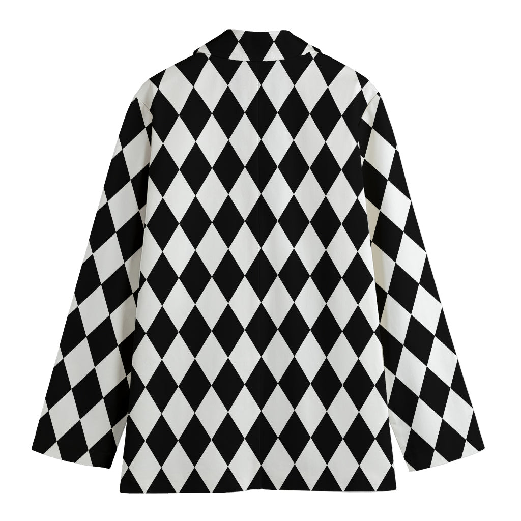 Black And White Harlequin Pattern Print Women's Cotton Blazer