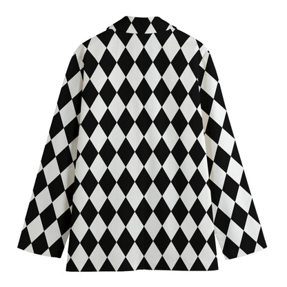 Black And White Harlequin Pattern Print Women's Cotton Blazer