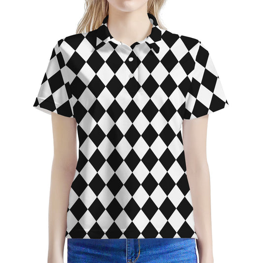 Black And White Harlequin Pattern Print Women's Polo Shirt