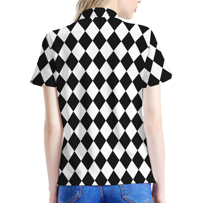 Black And White Harlequin Pattern Print Women's Polo Shirt