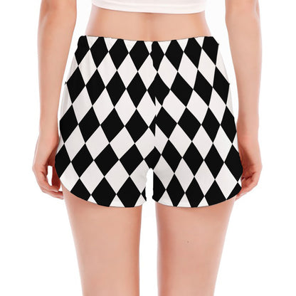 Black And White Harlequin Pattern Print Women's Split Running Shorts