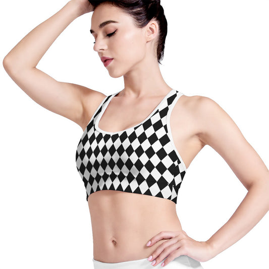 Black And White Harlequin Pattern Print Women's Sports Bra
