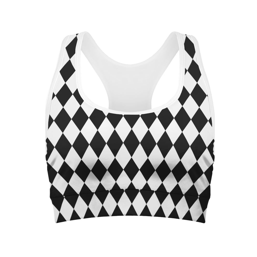Black And White Harlequin Pattern Print Women's Sports Bra