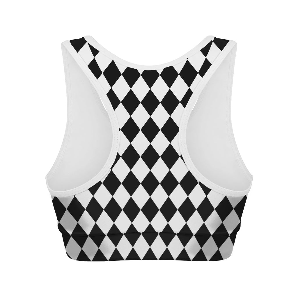 Black And White Harlequin Pattern Print Women's Sports Bra