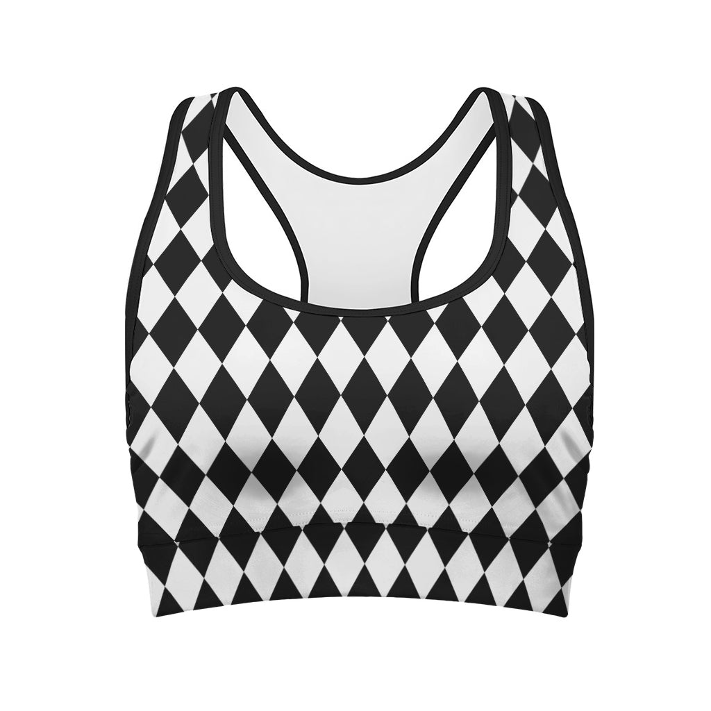 Black And White Harlequin Pattern Print Women's Sports Bra