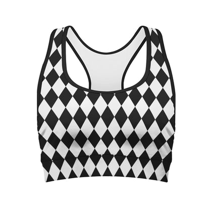 Black And White Harlequin Pattern Print Women's Sports Bra