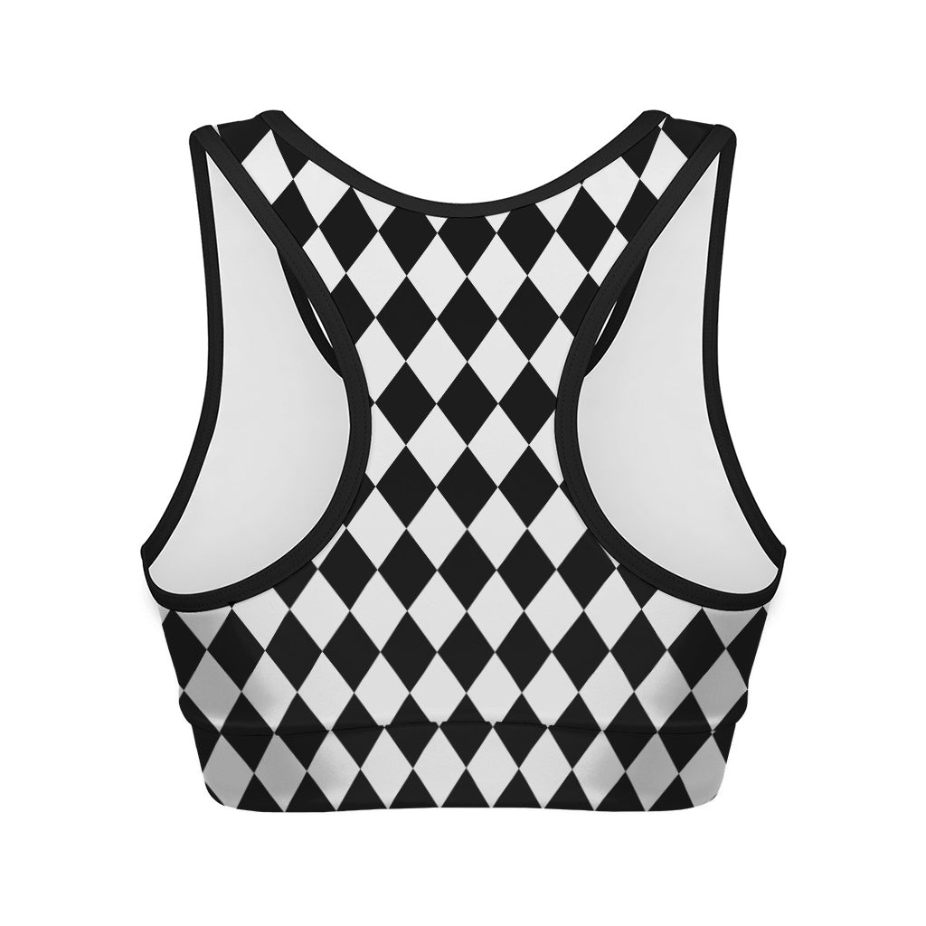 Black And White Harlequin Pattern Print Women's Sports Bra