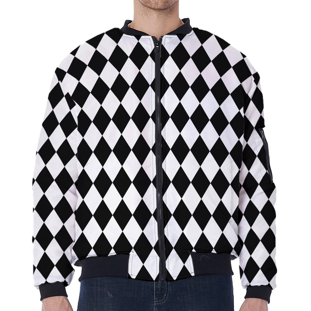 Black And White Harlequin Pattern Print Zip Sleeve Bomber Jacket
