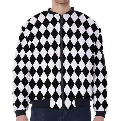 Black And White Harlequin Pattern Print Zip Sleeve Bomber Jacket