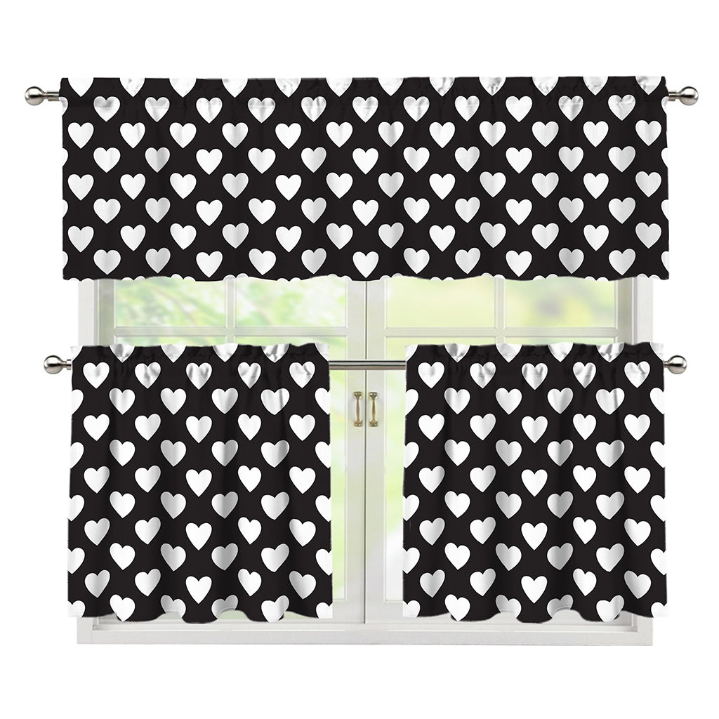 Black And White Heart Pattern Print 3 Piece Kitchen Curtains