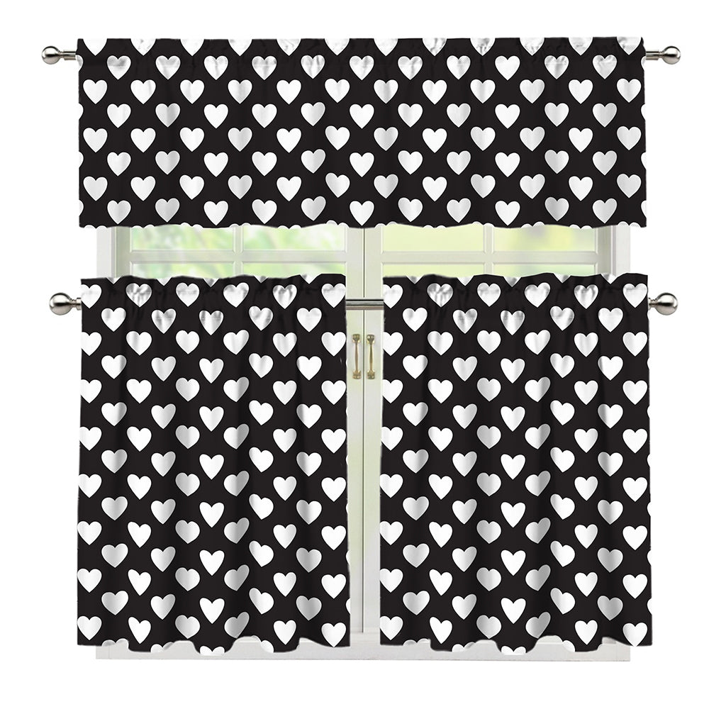 Black And White Heart Pattern Print 3 Piece Kitchen Curtains