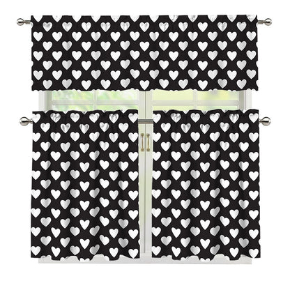 Black And White Heart Pattern Print 3 Piece Kitchen Curtains