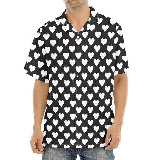 Black And White Heart Pattern Print Aloha Shirt