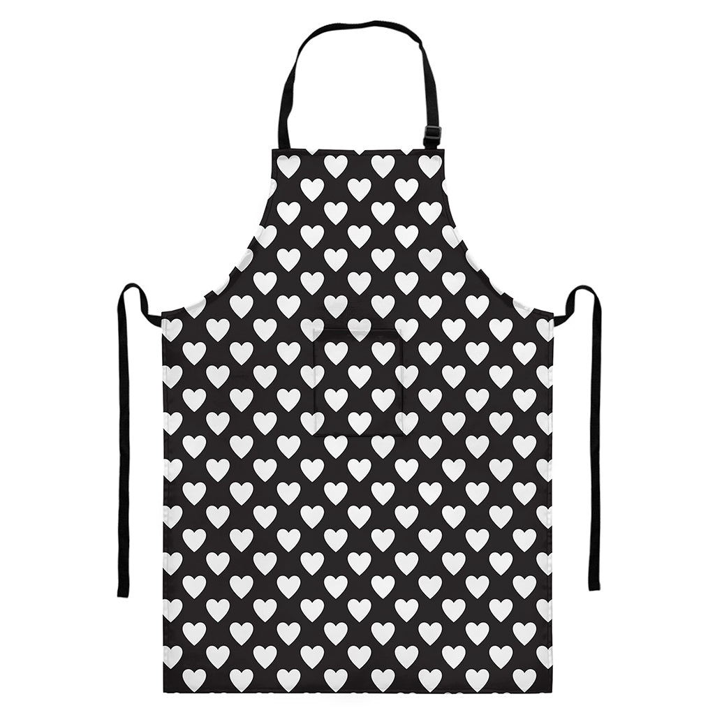 Black And White Heart Pattern Print Bib Apron With Pocket