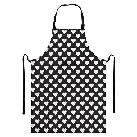 Black And White Heart Pattern Print Bib Apron With Pocket