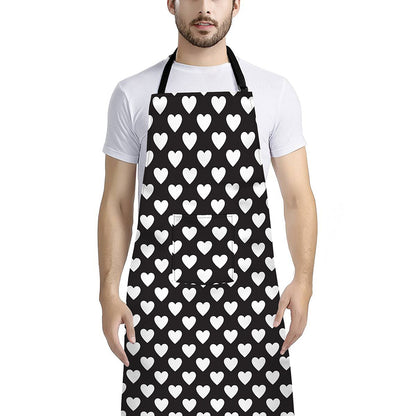 Black And White Heart Pattern Print Bib Apron With Pocket