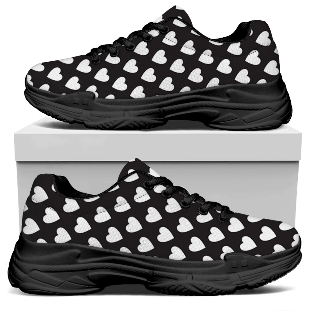 Black And White Heart Pattern Print Black Chunky Shoes