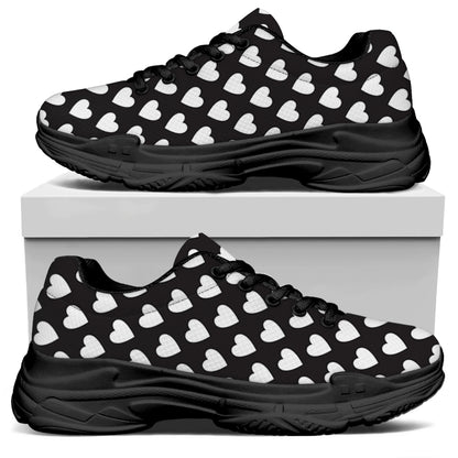 Black And White Heart Pattern Print Black Chunky Shoes