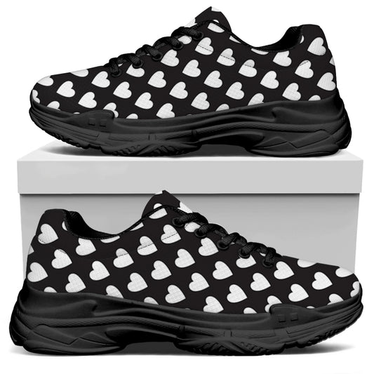 Black And White Heart Pattern Print Black Chunky Shoes