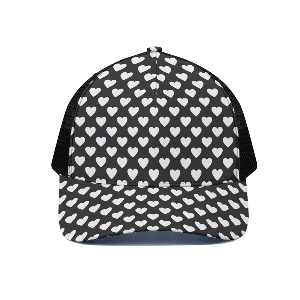Black And White Heart Pattern Print Black Mesh Trucker Cap