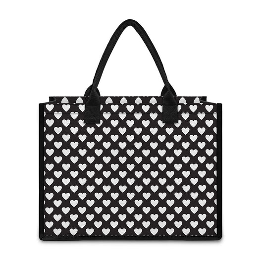 Black And White Heart Pattern Print Canvas Tote Bag