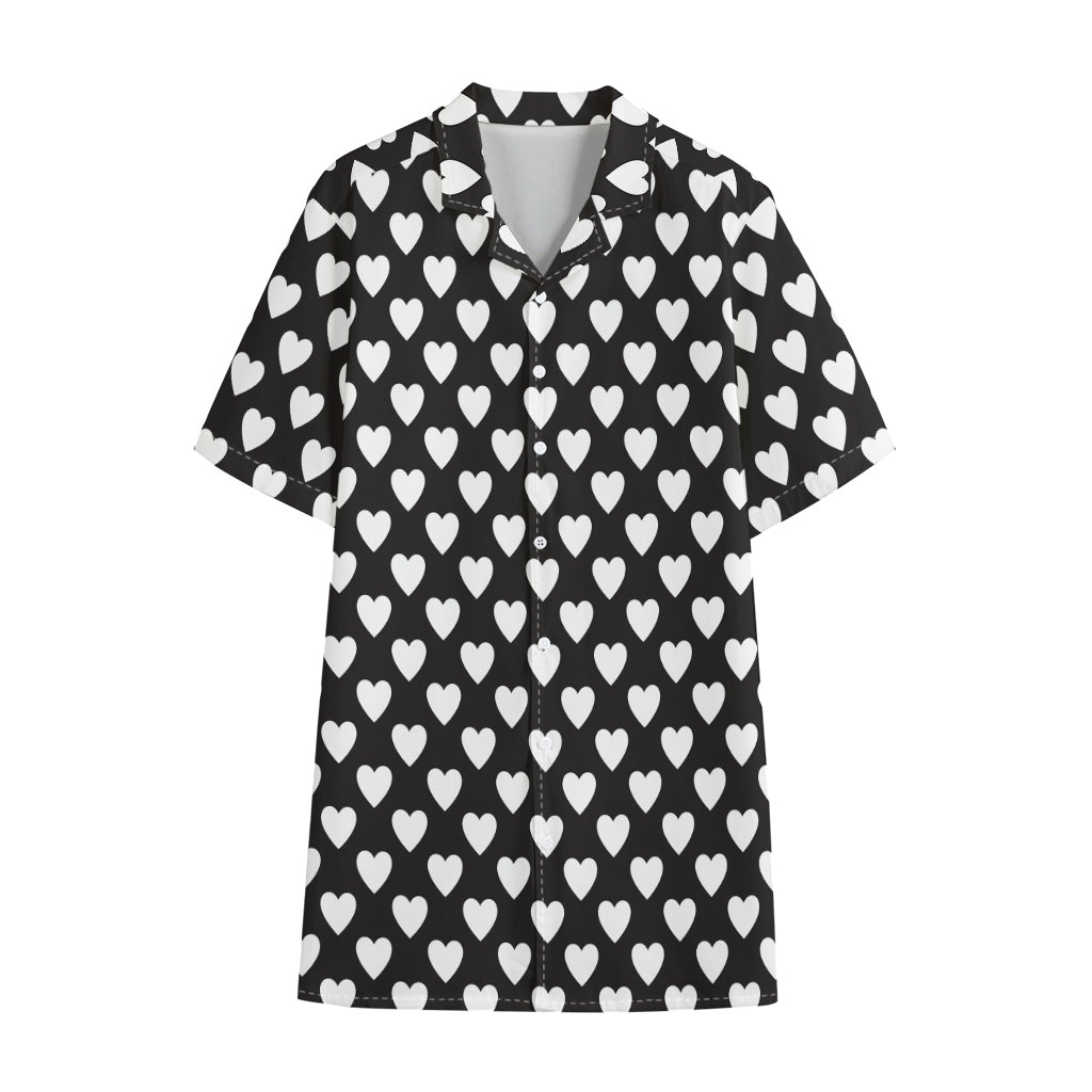 Black And White Heart Pattern Print Cotton Hawaiian Shirt