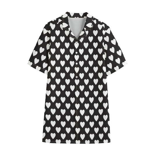Black And White Heart Pattern Print Cotton Hawaiian Shirt