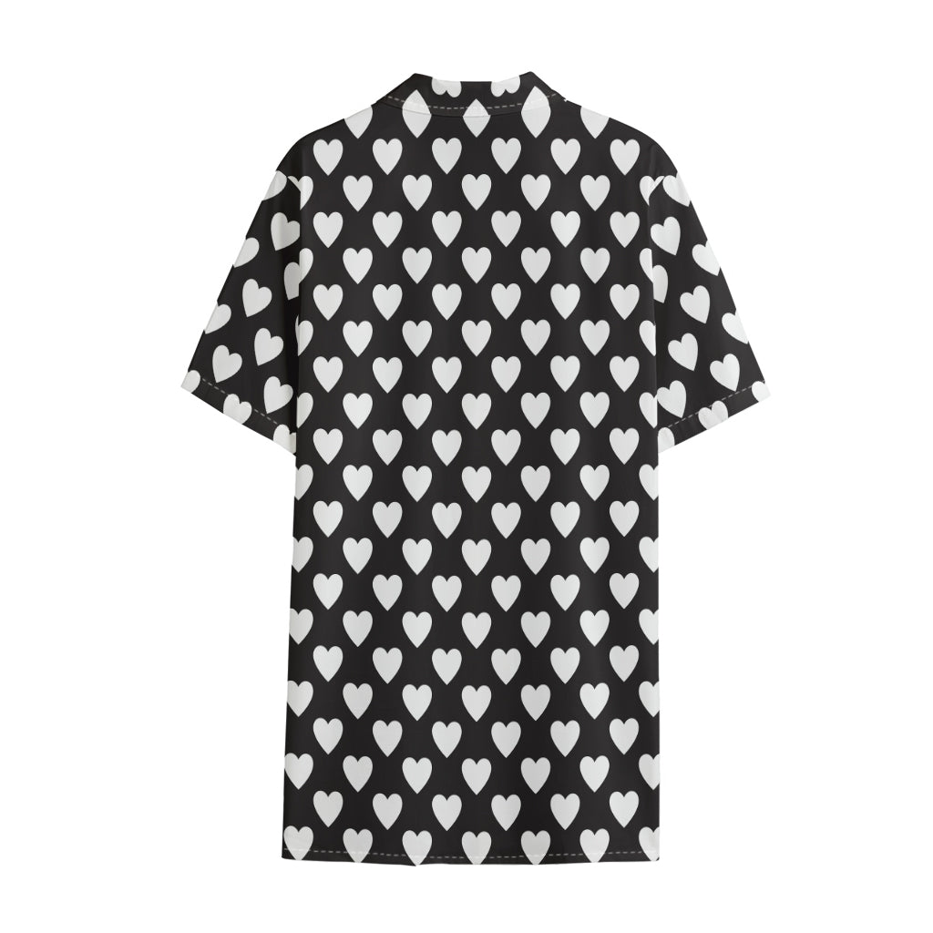 Black And White Heart Pattern Print Cotton Hawaiian Shirt