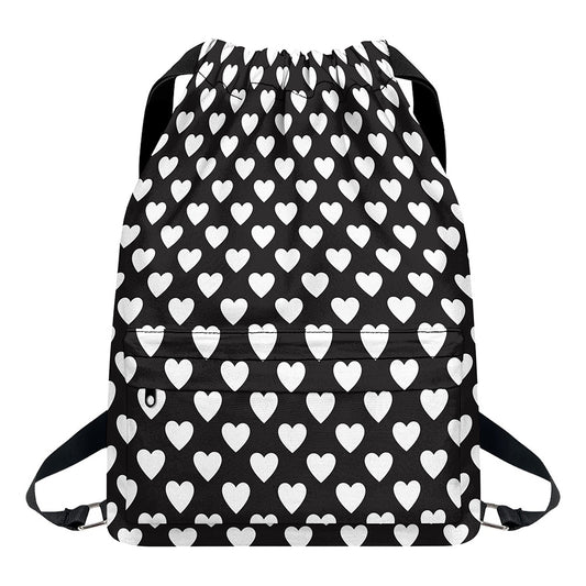 Black And White Heart Pattern Print Drawstring Backpack