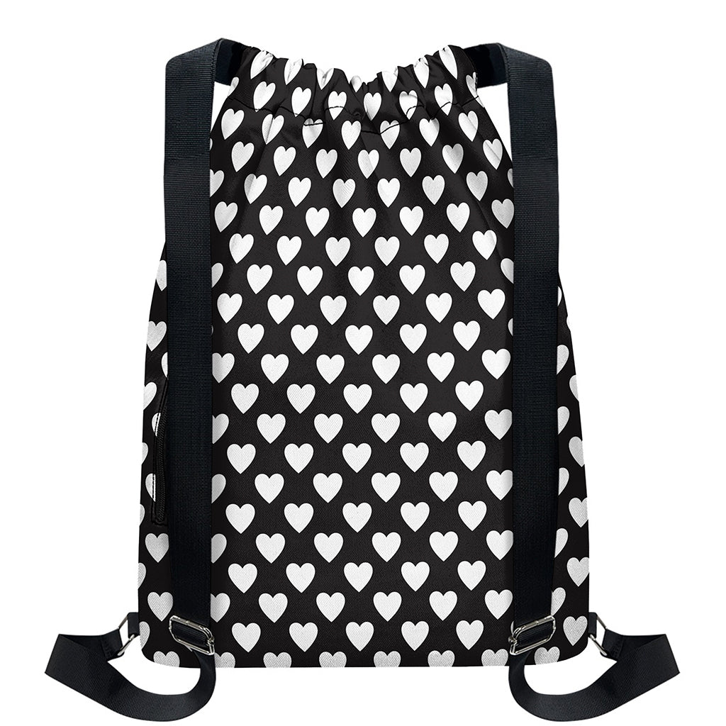 Black And White Heart Pattern Print Drawstring Backpack