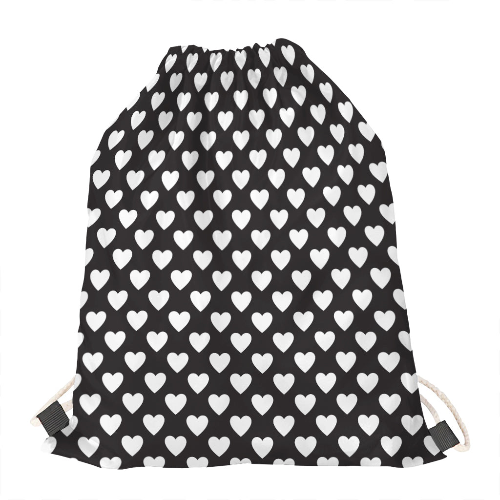 Black And White Heart Pattern Print Drawstring Bag
