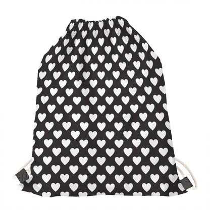 Black And White Heart Pattern Print Drawstring Bag