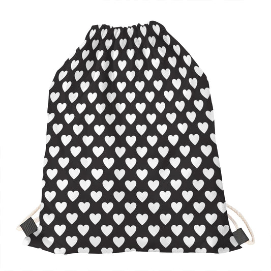 Black And White Heart Pattern Print Drawstring Bag