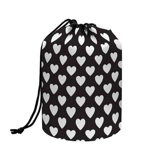 Black And White Heart Pattern Print Drawstring Makeup Bag