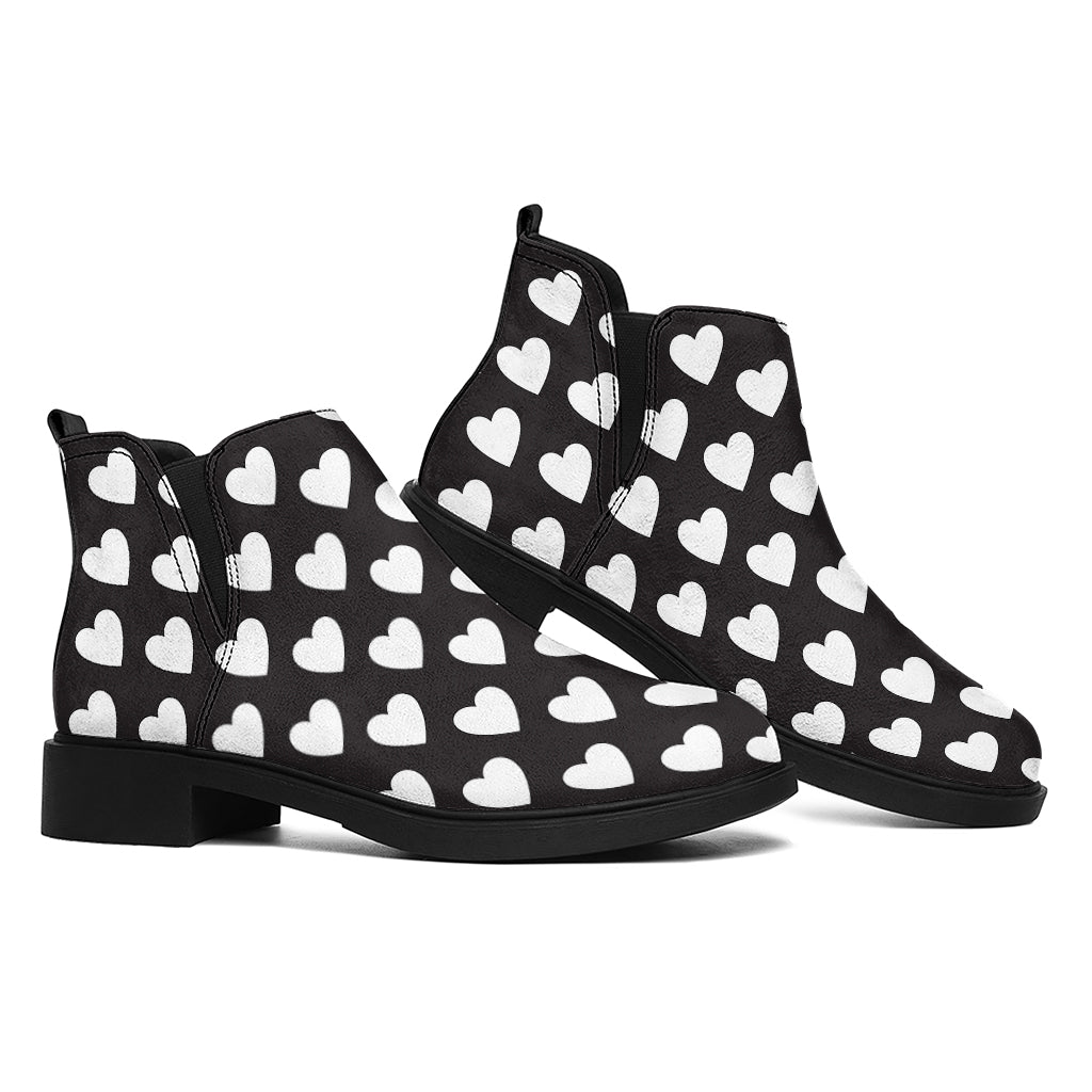 Black And White Heart Pattern Print Flat Ankle Boots