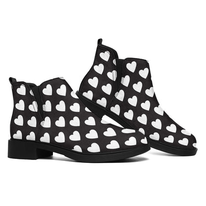 Black And White Heart Pattern Print Flat Ankle Boots