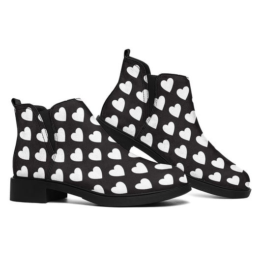 Black And White Heart Pattern Print Flat Ankle Boots