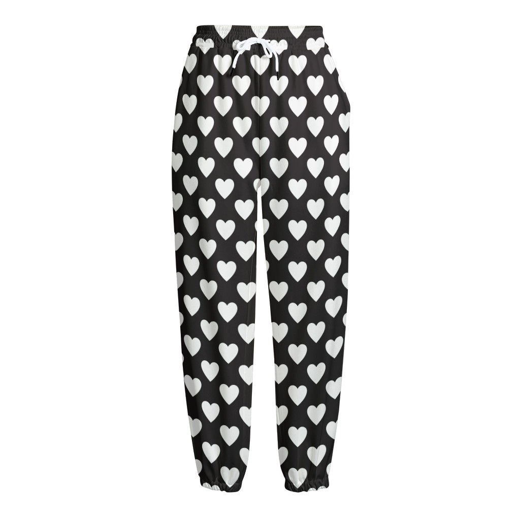 Black And White Heart Pattern Print Fleece Lined Knit Pants