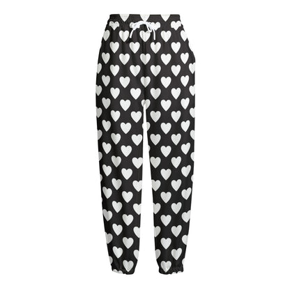 Black And White Heart Pattern Print Fleece Lined Knit Pants