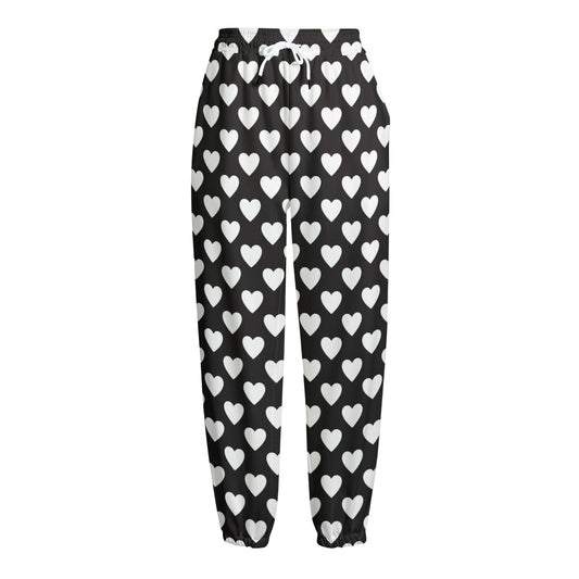 Black And White Heart Pattern Print Fleece Lined Knit Pants