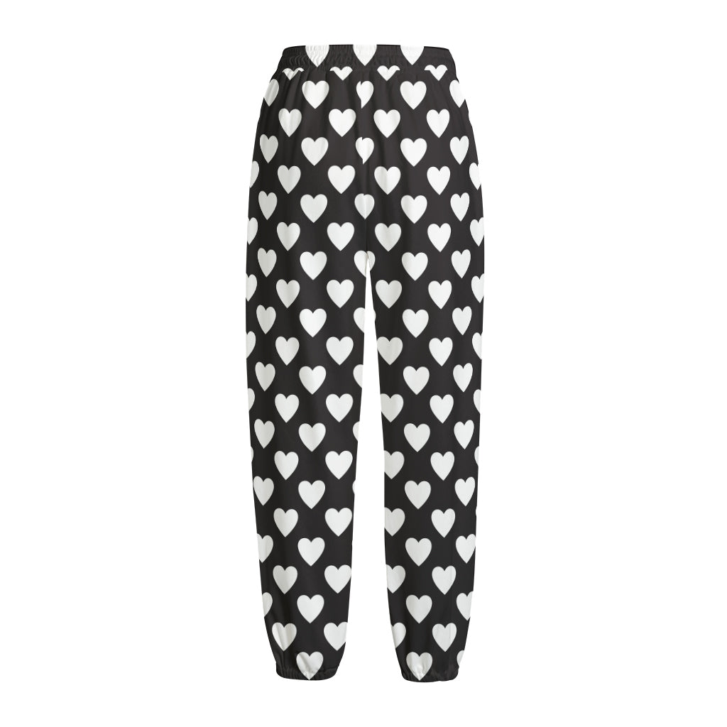 Black And White Heart Pattern Print Fleece Lined Knit Pants