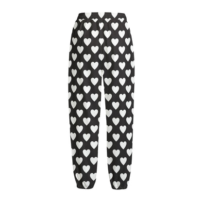 Black And White Heart Pattern Print Fleece Lined Knit Pants